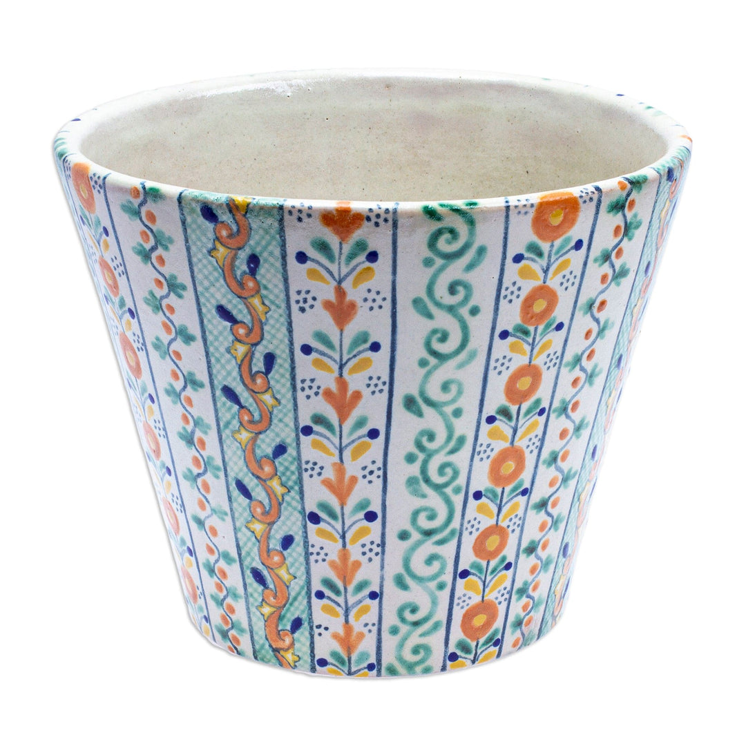 Floral Ceramic Planter Hand-Painted in Talavera Style - Puebla Blossom