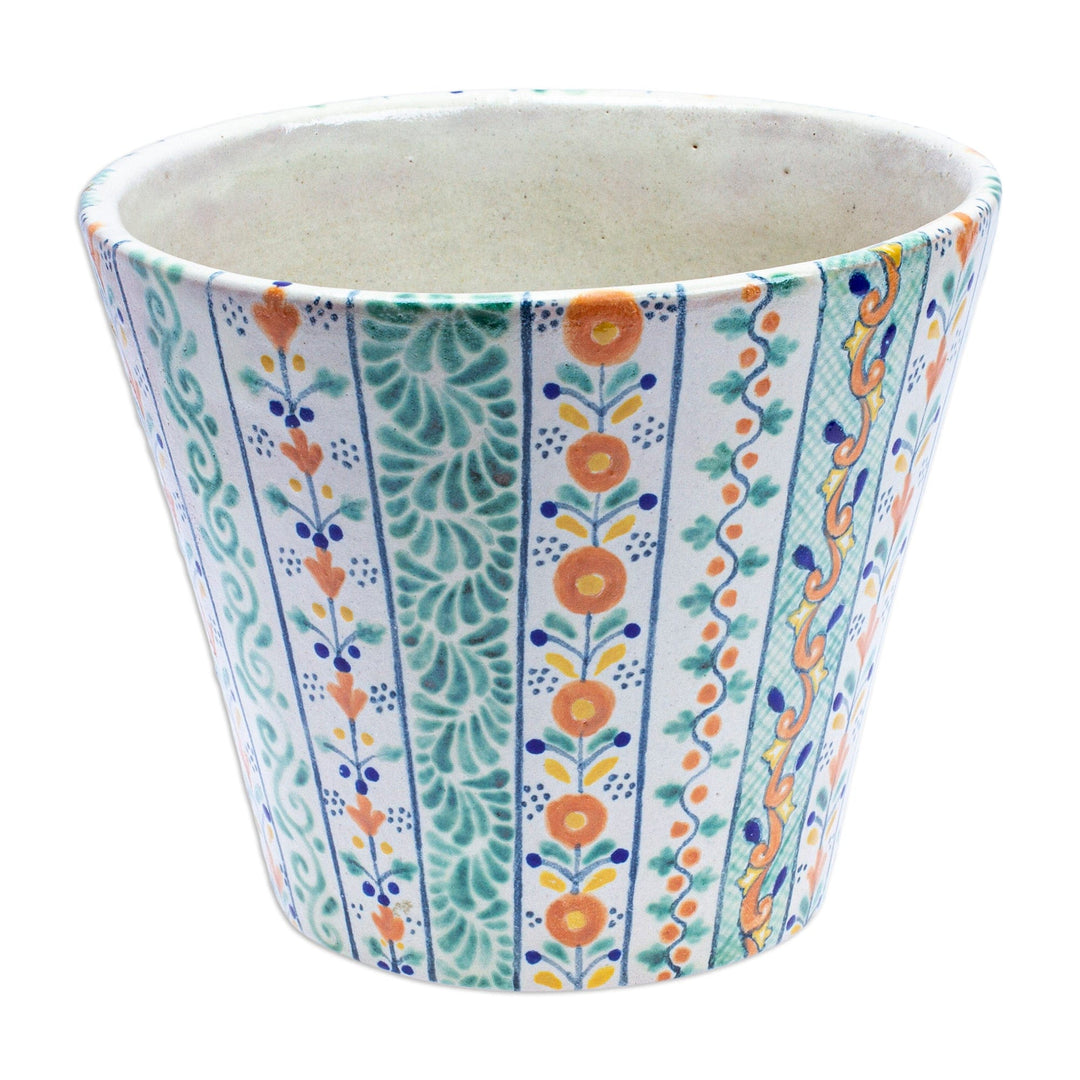 Floral Ceramic Planter Hand-Painted in Talavera Style - Puebla Blossom