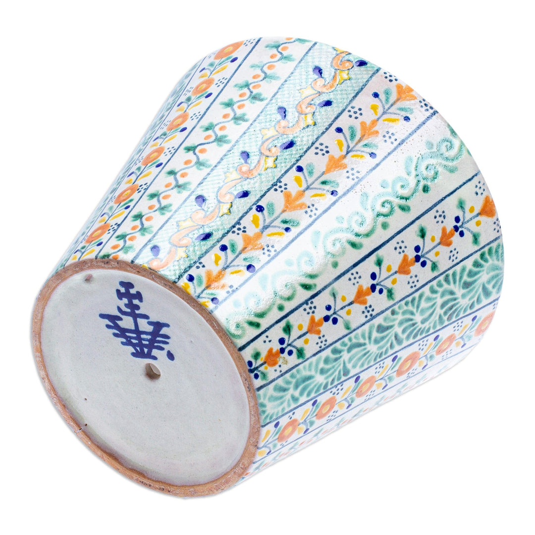 Floral Ceramic Planter Hand-Painted in Talavera Style - Puebla Blossom