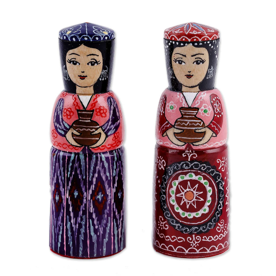 Set of Two Blue and Red Wood Figurines of Traditional Girls - Dushanbe Dames