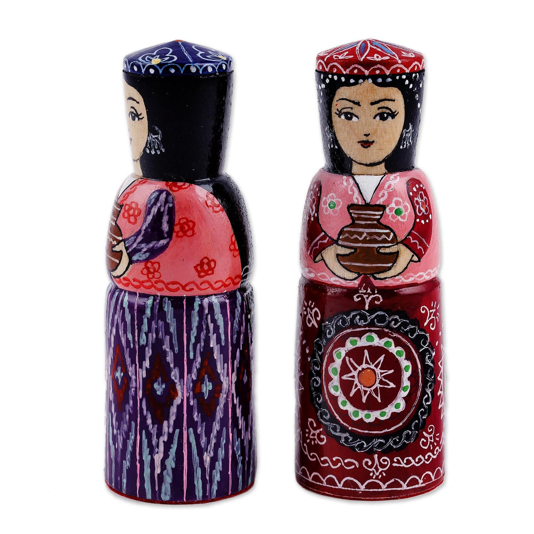 Set of Two Blue and Red Wood Figurines of Traditional Girls - Dushanbe Dames