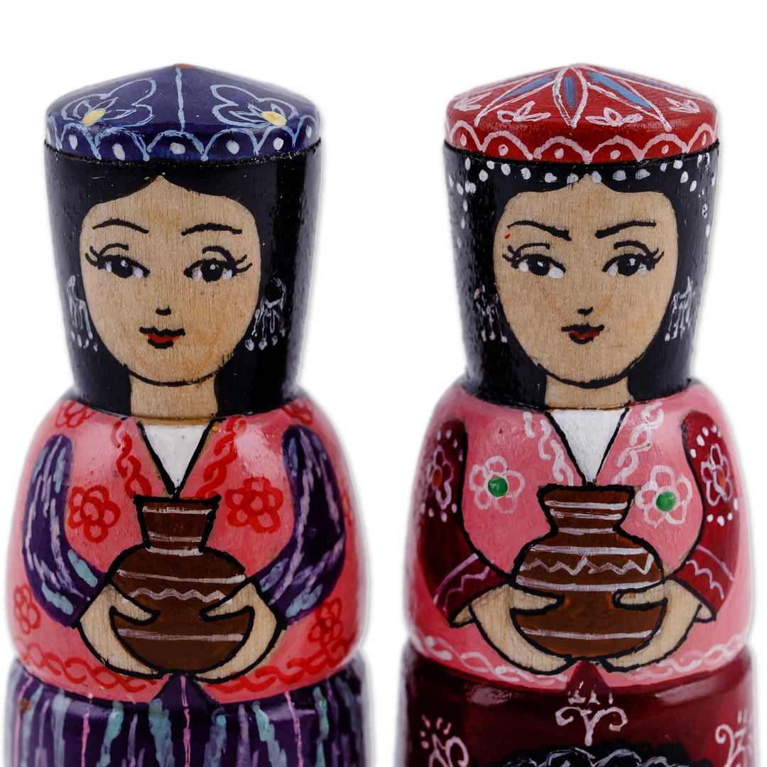 Set of Two Blue and Red Wood Figurines of Traditional Girls - Dushanbe Dames