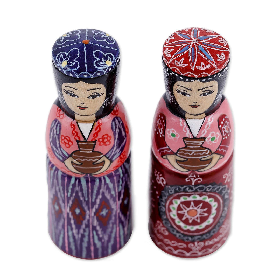 Set of Two Blue and Red Wood Figurines of Traditional Girls - Dushanbe Dames