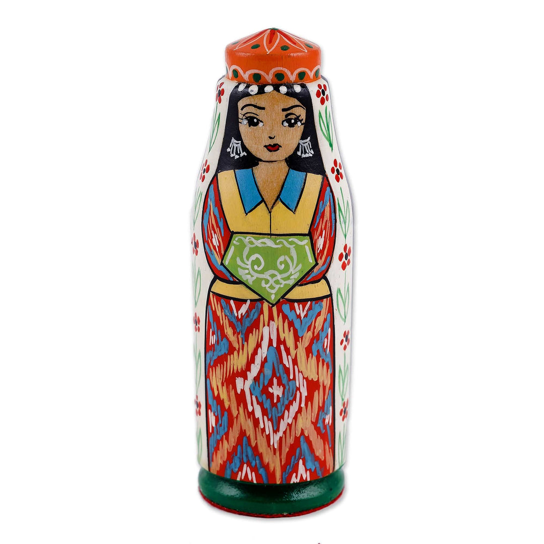 Hand-Painted Traditional Pine and Birch Wood Bride Figurine - Tajikistan's Bride