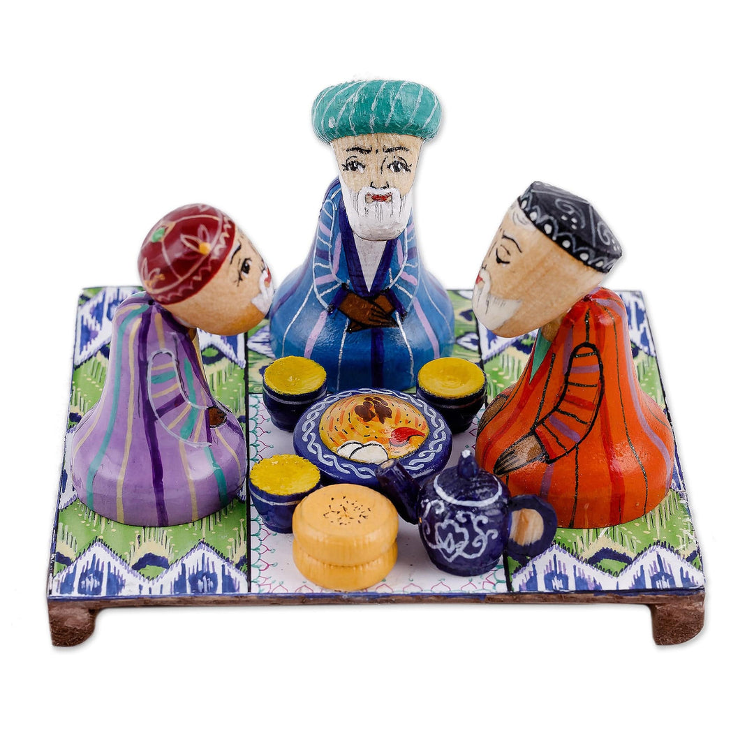 Hand-Painted Cultural Pine and Birch Wood Sculpture - 'Sage Gathering