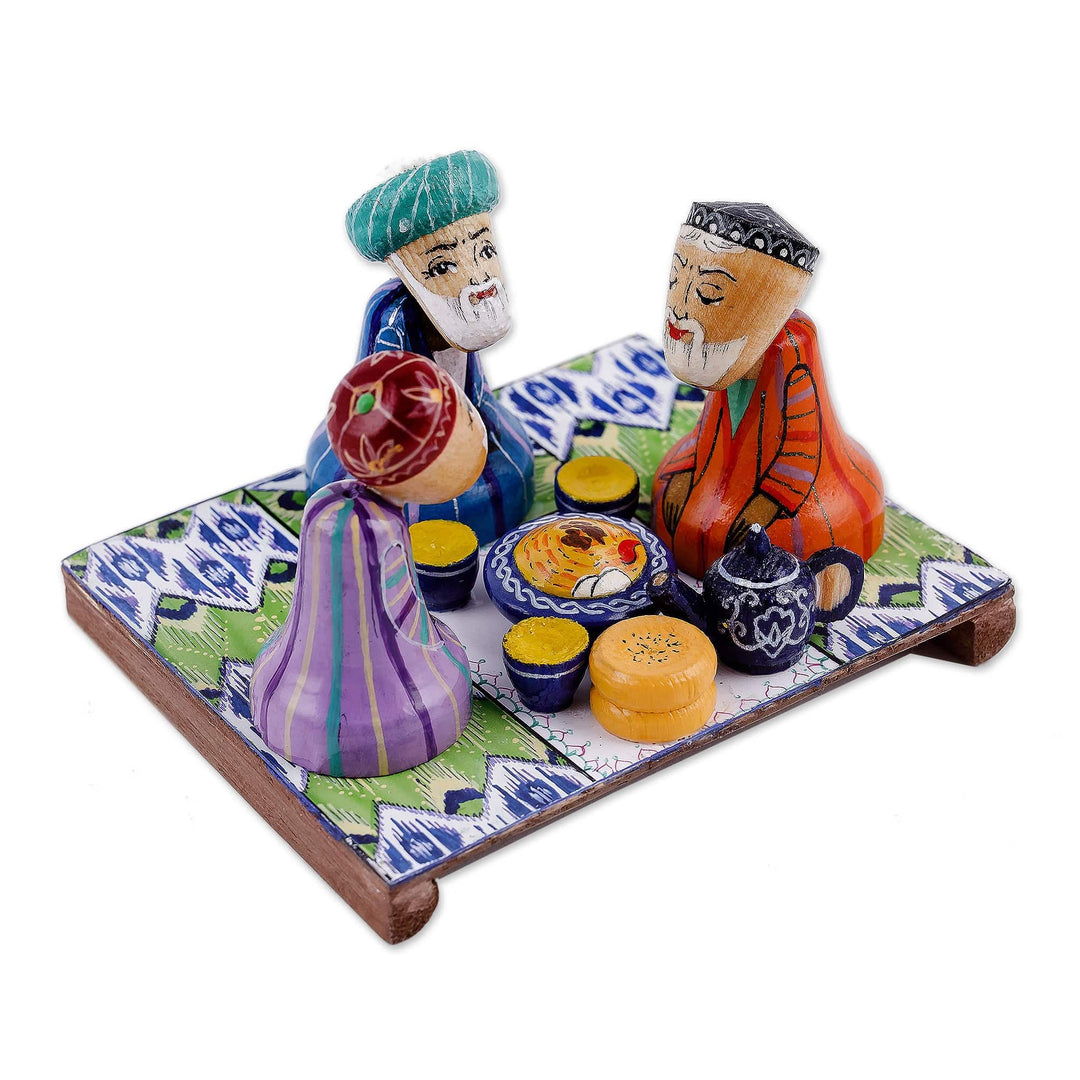 Hand-Painted Cultural Pine and Birch Wood Sculpture - 'Sage Gathering