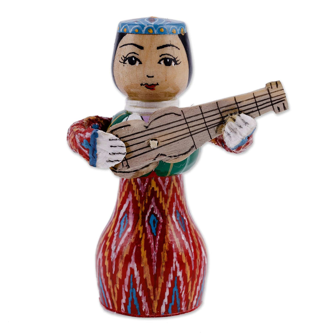 Painted Traditional Red Wood Figurine of Girl and Tanbur - Tanbur Red Rhythms