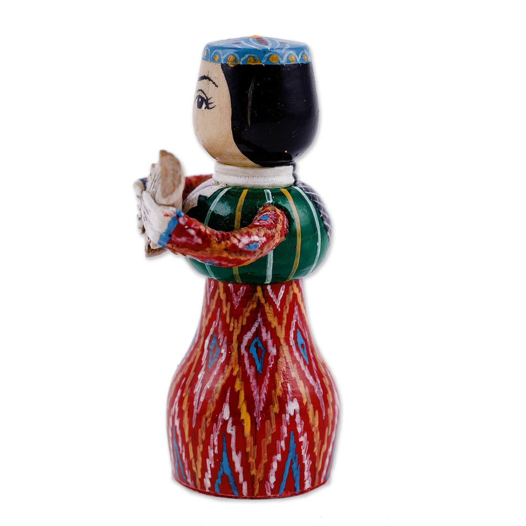 Painted Traditional Red Wood Figurine of Girl and Tanbur - Tanbur Red Rhythms