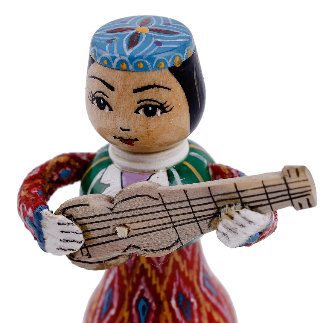 Painted Traditional Red Wood Figurine of Girl and Tanbur - Tanbur Red Rhythms