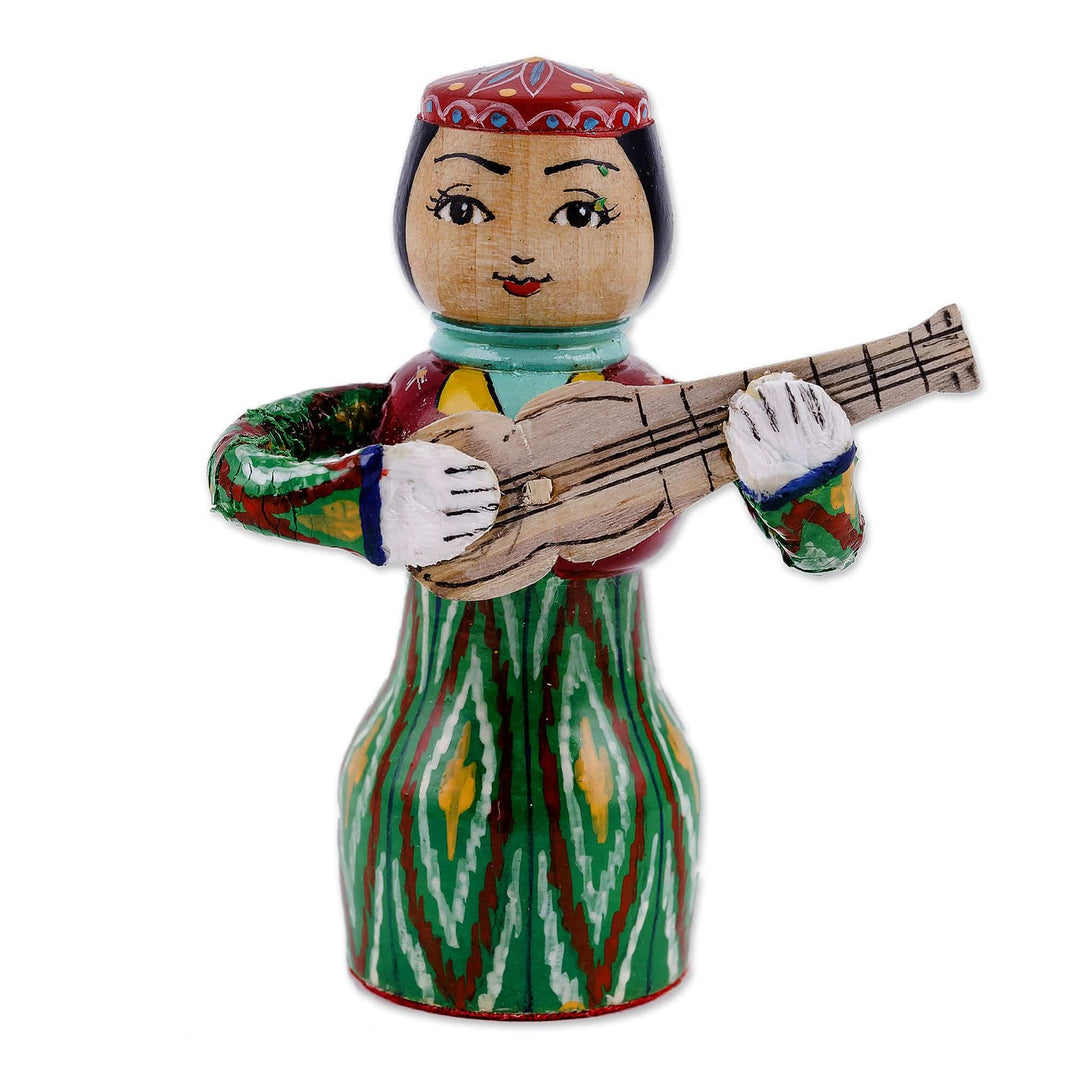 Painted Traditional Green Wood Figurine of Girl and Tanbur - Tanbur Green Rhythms
