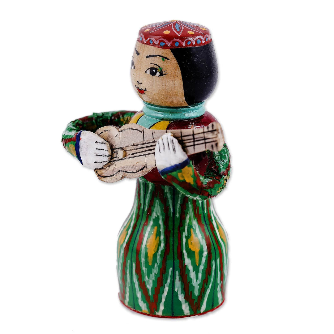 Painted Traditional Green Wood Figurine of Girl and Tanbur - Tanbur Green Rhythms