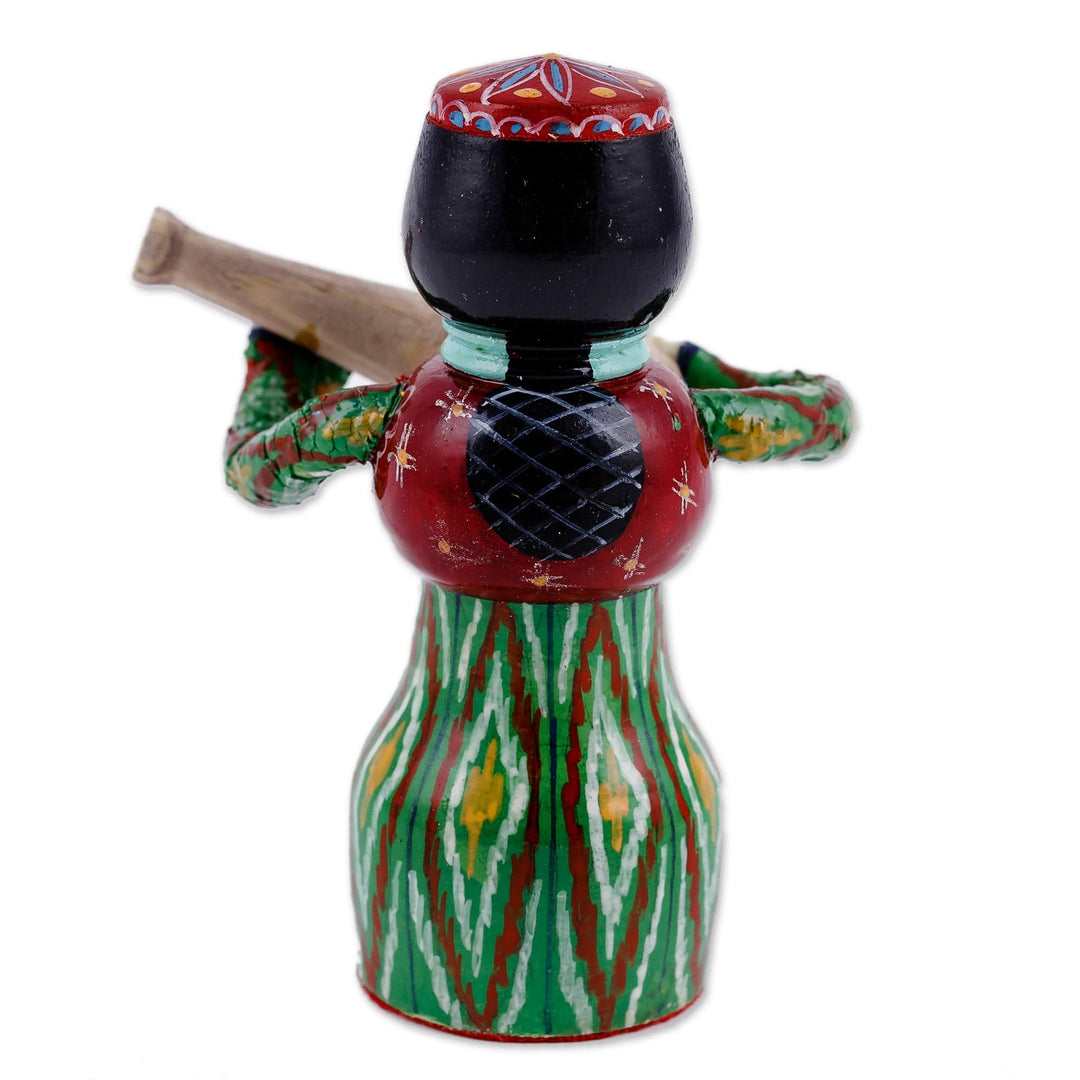 Painted Traditional Green Wood Figurine of Girl and Tanbur - Tanbur Green Rhythms