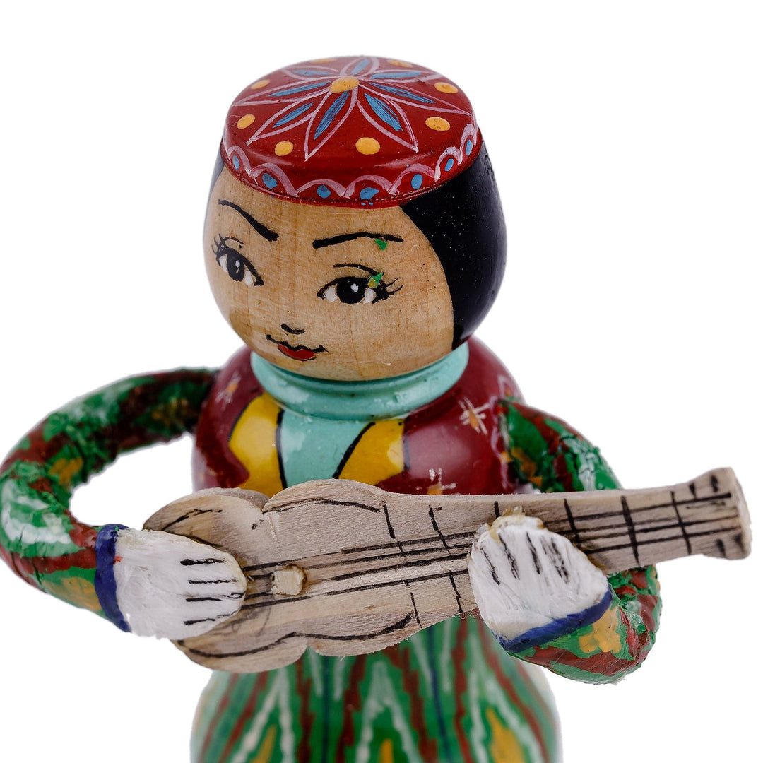 Painted Traditional Green Wood Figurine of Girl and Tanbur - Tanbur Green Rhythms