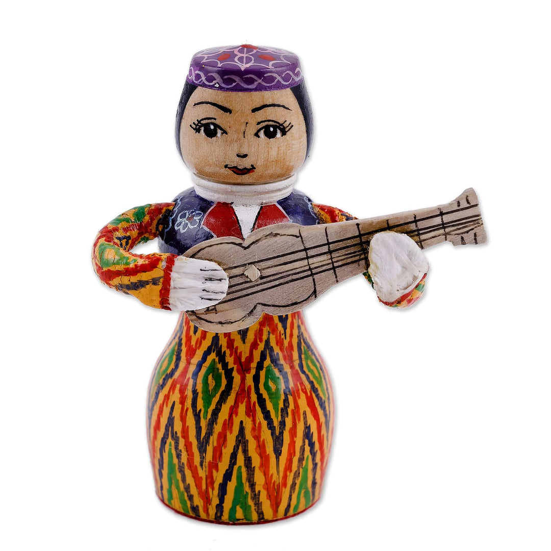 Painted Traditional Vibrant Wood Figurine of Girl and Tanbur - Tanbur Warm Rhythms