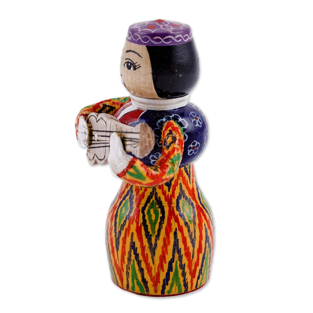 Painted Traditional Vibrant Wood Figurine of Girl and Tanbur - Tanbur Warm Rhythms