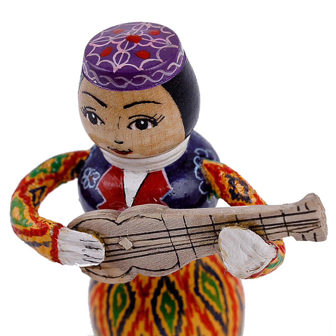 Painted Traditional Vibrant Wood Figurine of Girl and Tanbur - Tanbur Warm Rhythms