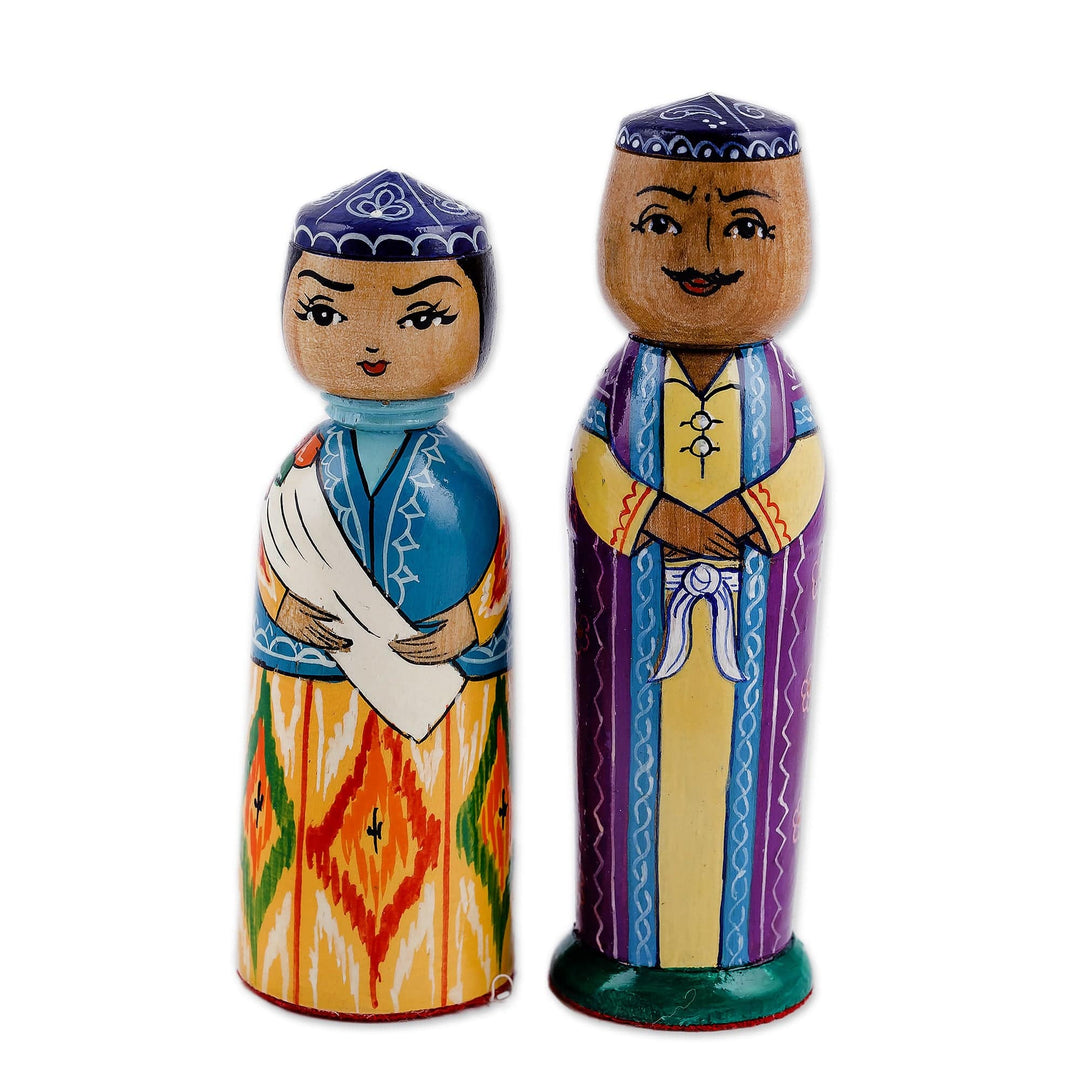 Set of 2 Painted Colorful Wood Bride and Groom Figurines - Magnificent Marriage