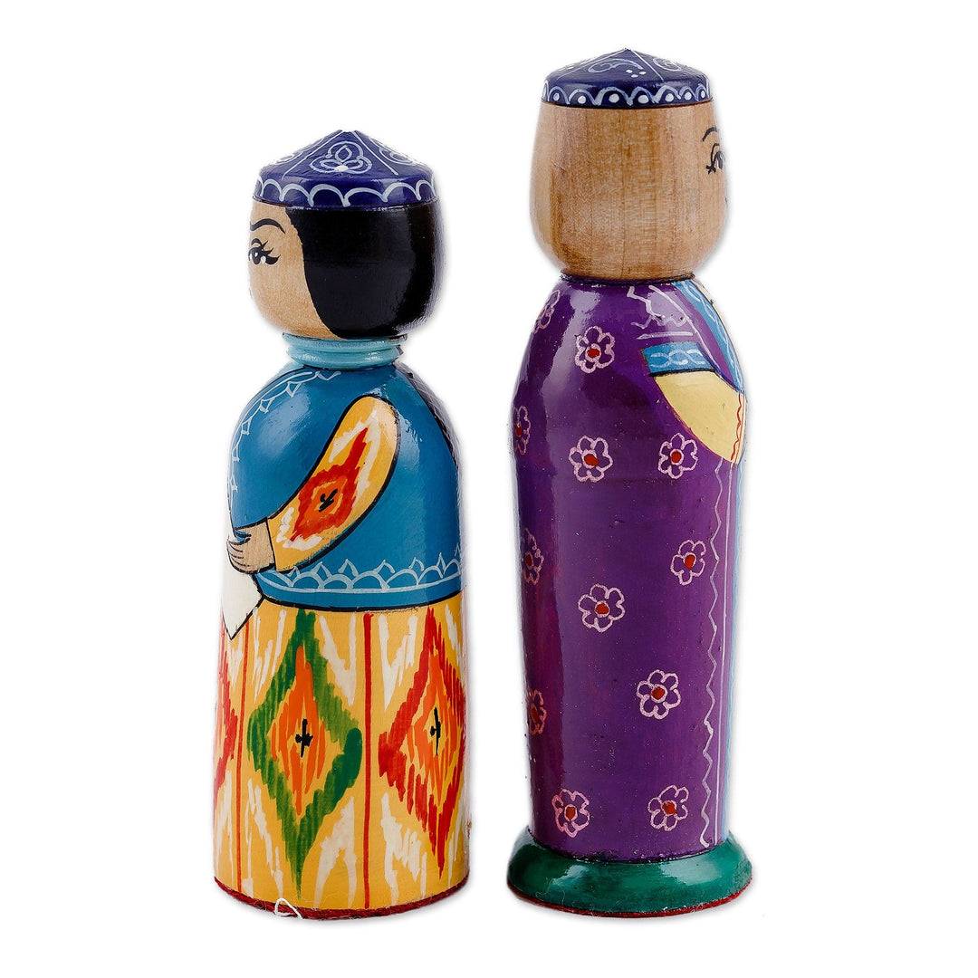 Set of 2 Painted Colorful Wood Bride and Groom Figurines - Magnificent Marriage