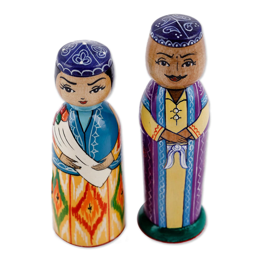 Set of 2 Painted Colorful Wood Bride and Groom Figurines - Magnificent Marriage