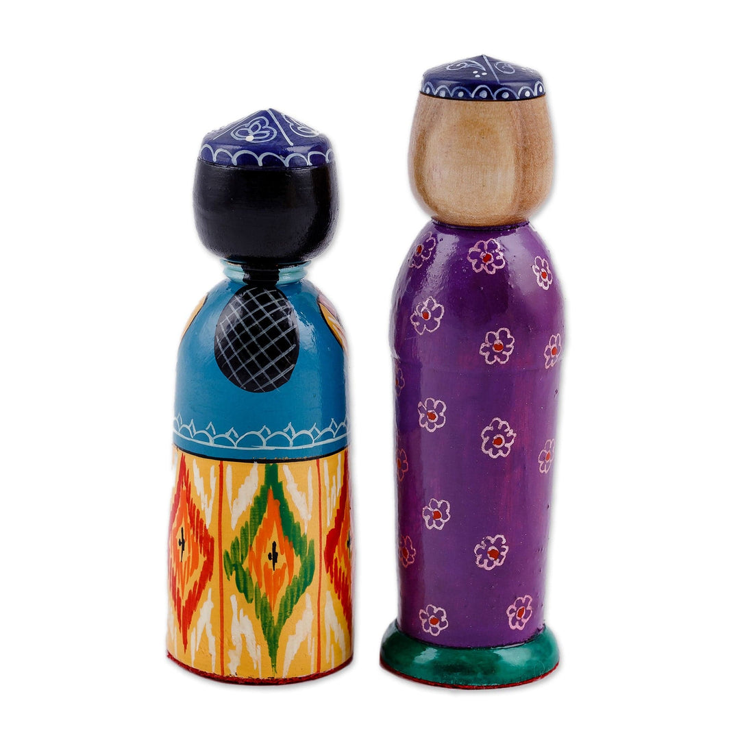 Set of 2 Painted Colorful Wood Bride and Groom Figurines - Magnificent Marriage