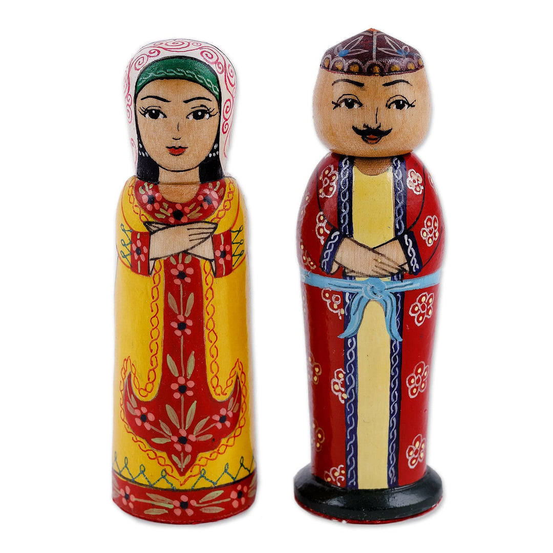 Set of 2 Yellow and Red Wood Bride and Groom Figurines - Majestic Marriage