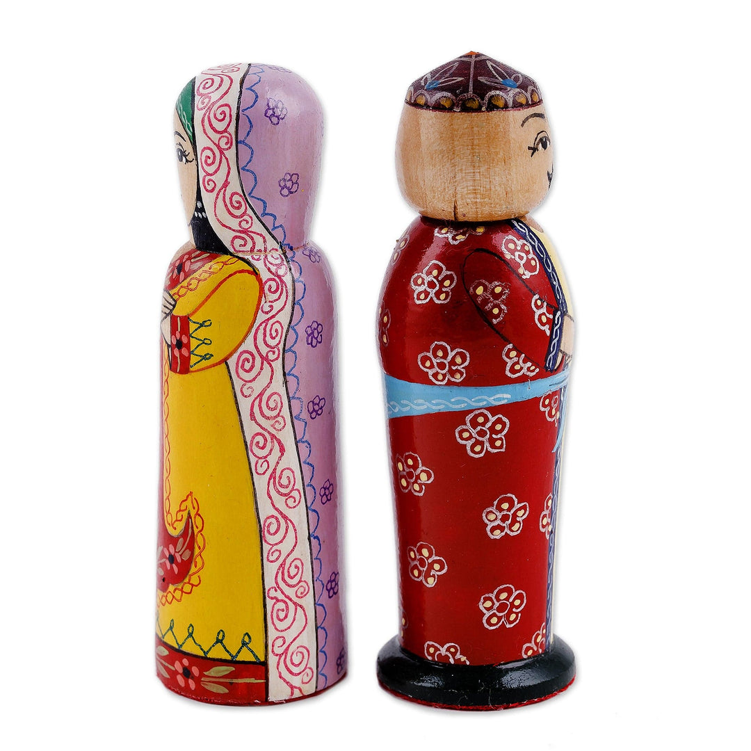 Set of 2 Yellow and Red Wood Bride and Groom Figurines - Majestic Marriage