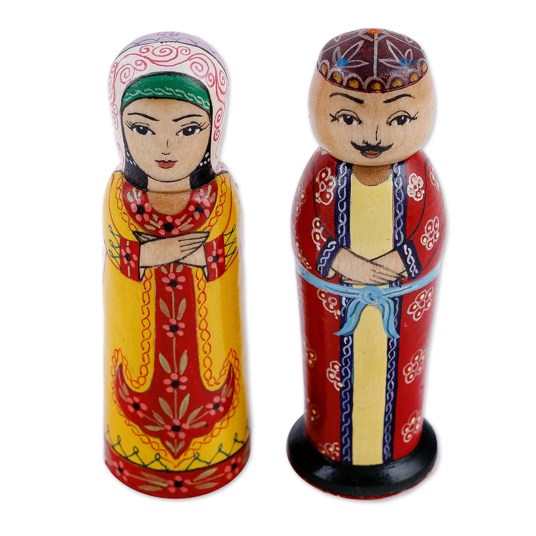 Set of 2 Yellow and Red Wood Bride and Groom Figurines - Majestic Marriage
