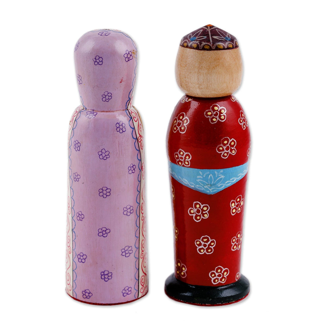 Set of 2 Yellow and Red Wood Bride and Groom Figurines - Majestic Marriage