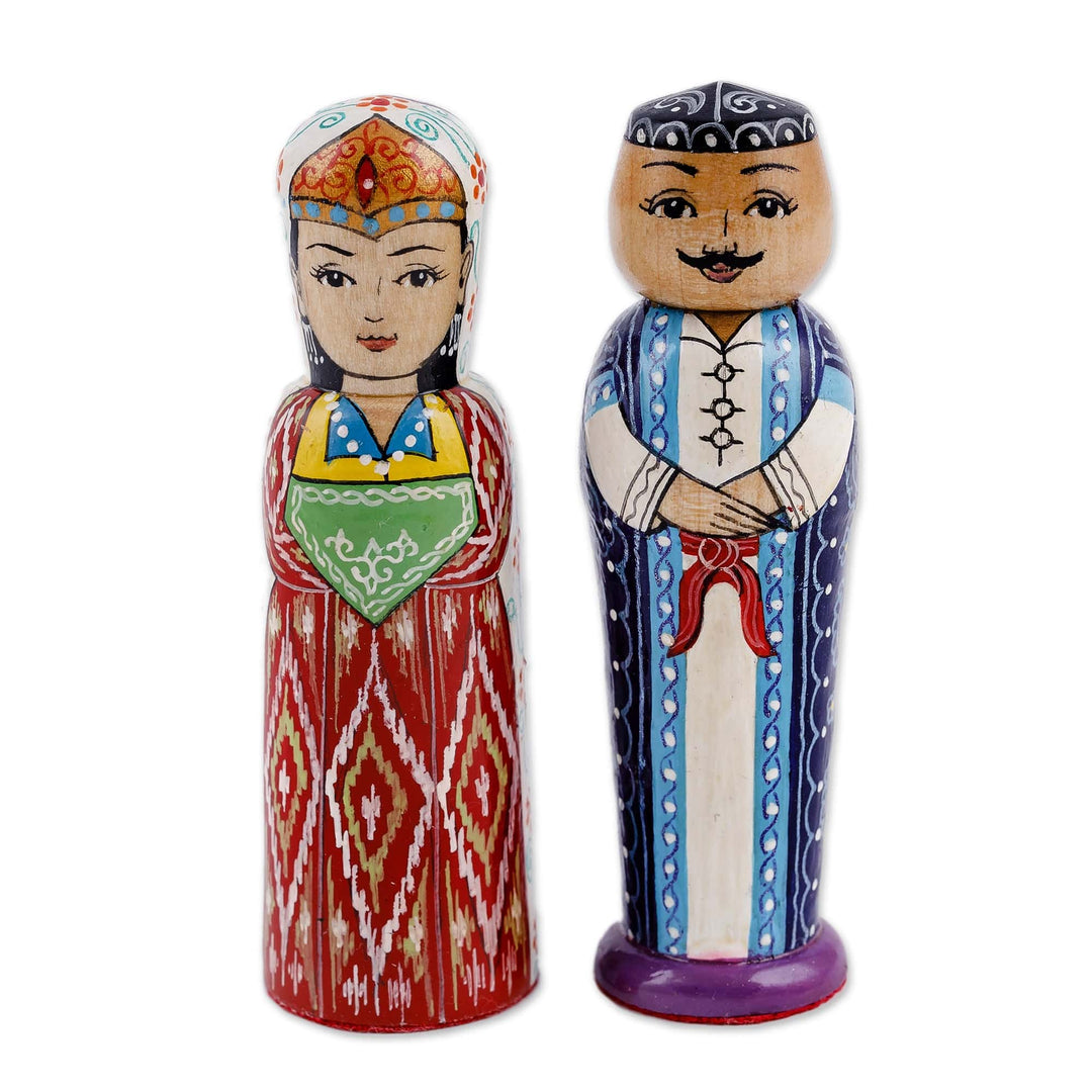 Set of 2 Red and Blue Wood Bride and Groom Figurines - Splendorous Marriage