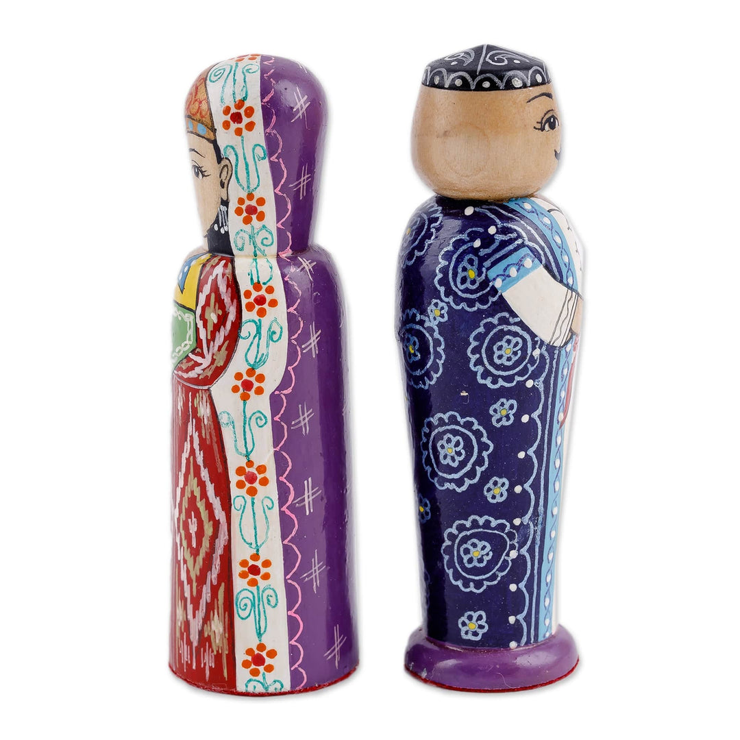 Set of 2 Red and Blue Wood Bride and Groom Figurines - Splendorous Marriage