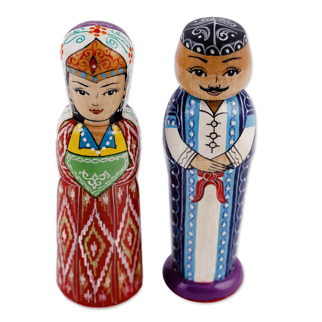Set of 2 Red and Blue Wood Bride and Groom Figurines - Splendorous Marriage