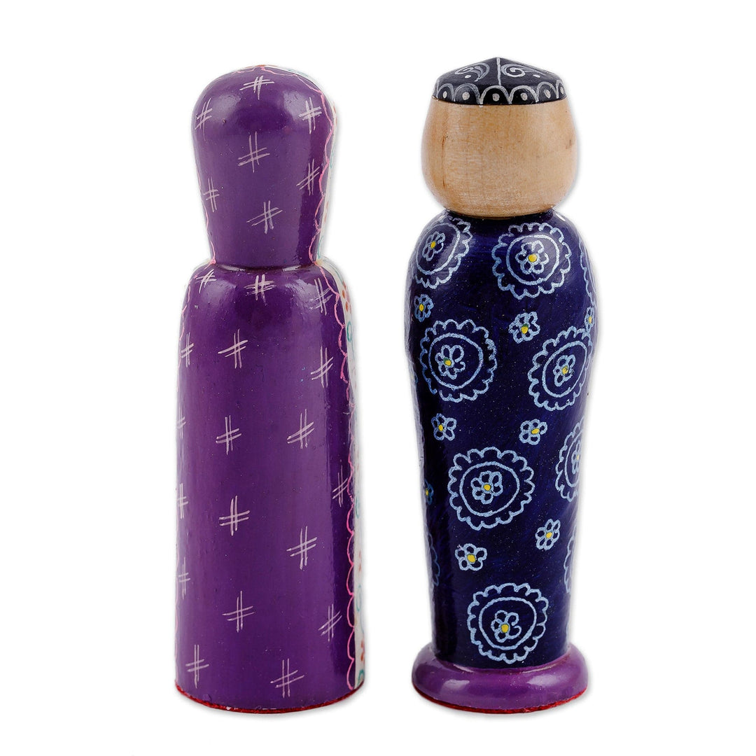 Set of 2 Red and Blue Wood Bride and Groom Figurines - Splendorous Marriage