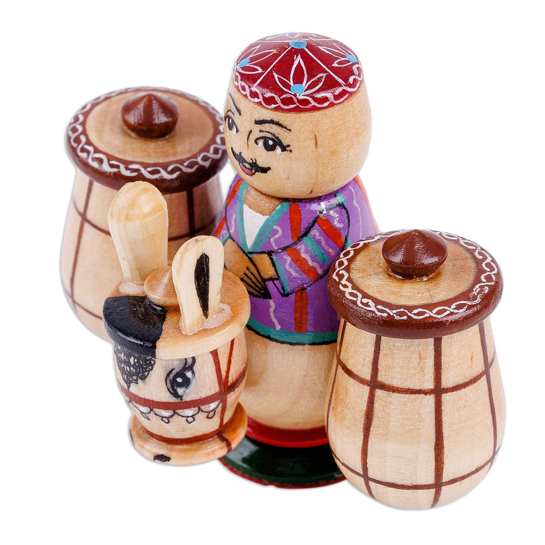 Painted Traditional Wood Figurine of Tajik Merchant & Donkey - Tajik Vendor