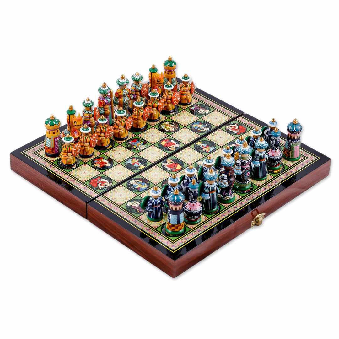 Handcrafted Classic Lacquered Wood Chess Set from Tajikistan - Tajikistan Strategist