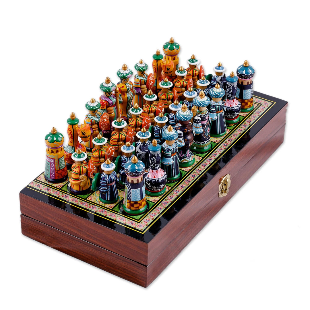 Handcrafted Classic Lacquered Wood Chess Set from Tajikistan - Tajikistan Strategist