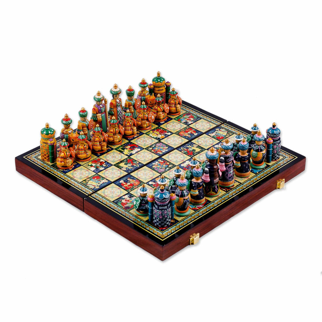 Traditional Painted Lacquered Wood Chess Set from Tajikistan - Tajikistan Intellectual