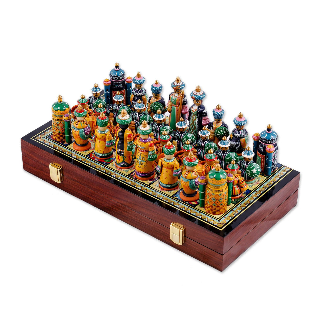 Traditional Painted Lacquered Wood Chess Set from Tajikistan - Tajikistan Intellectual