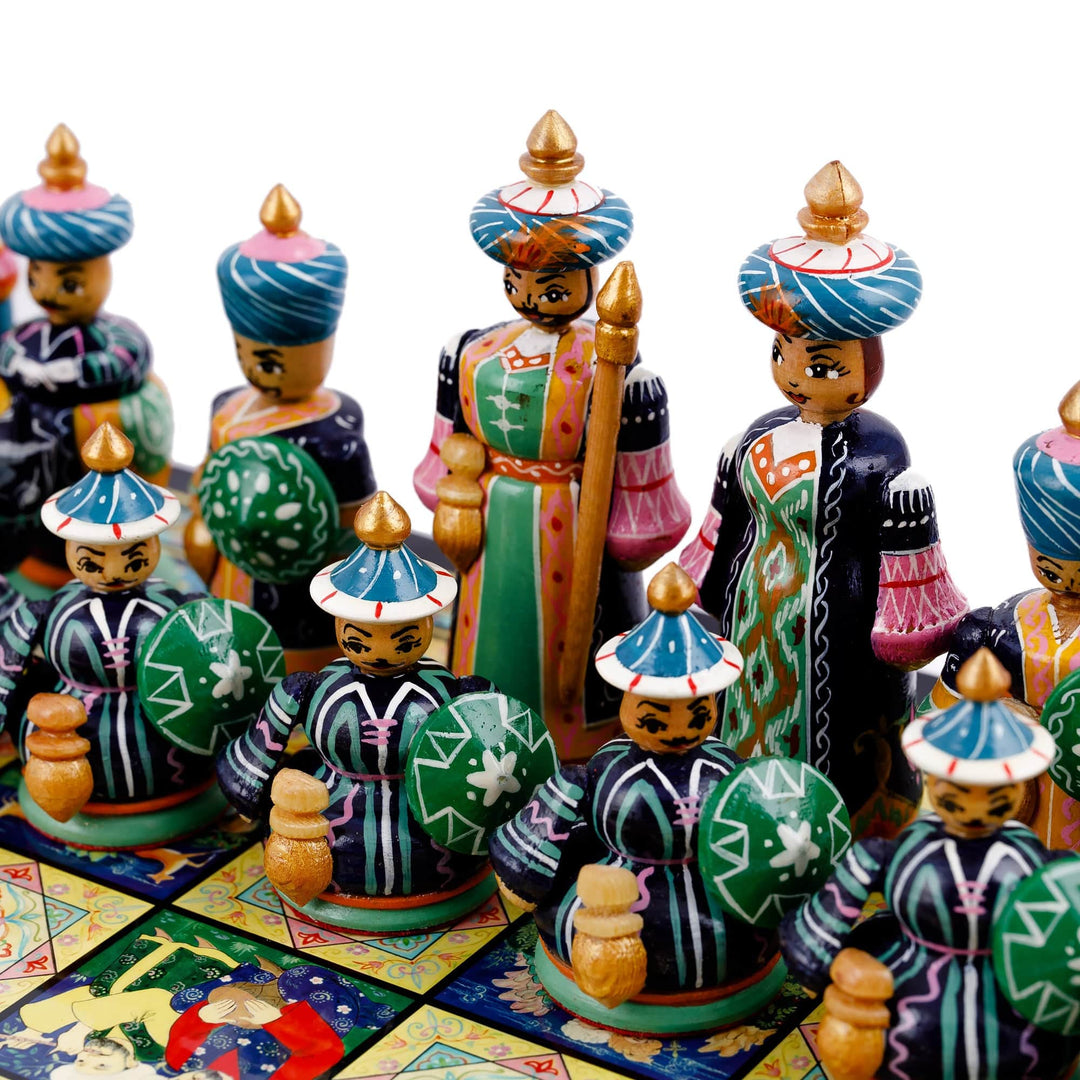 Traditional Painted Lacquered Wood Chess Set from Tajikistan - Tajikistan Intellectual