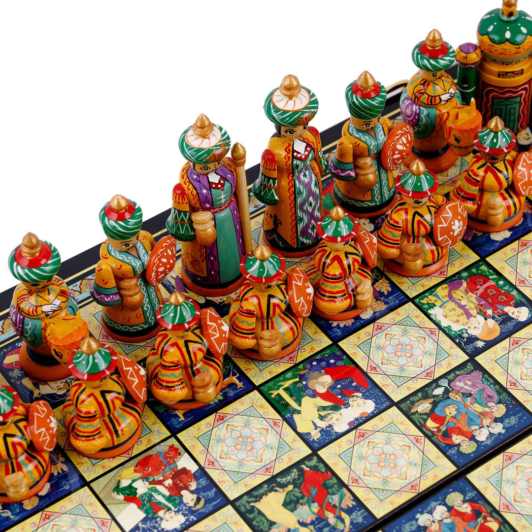 Traditional Painted Lacquered Wood Chess Set from Tajikistan - Tajikistan Intellectual