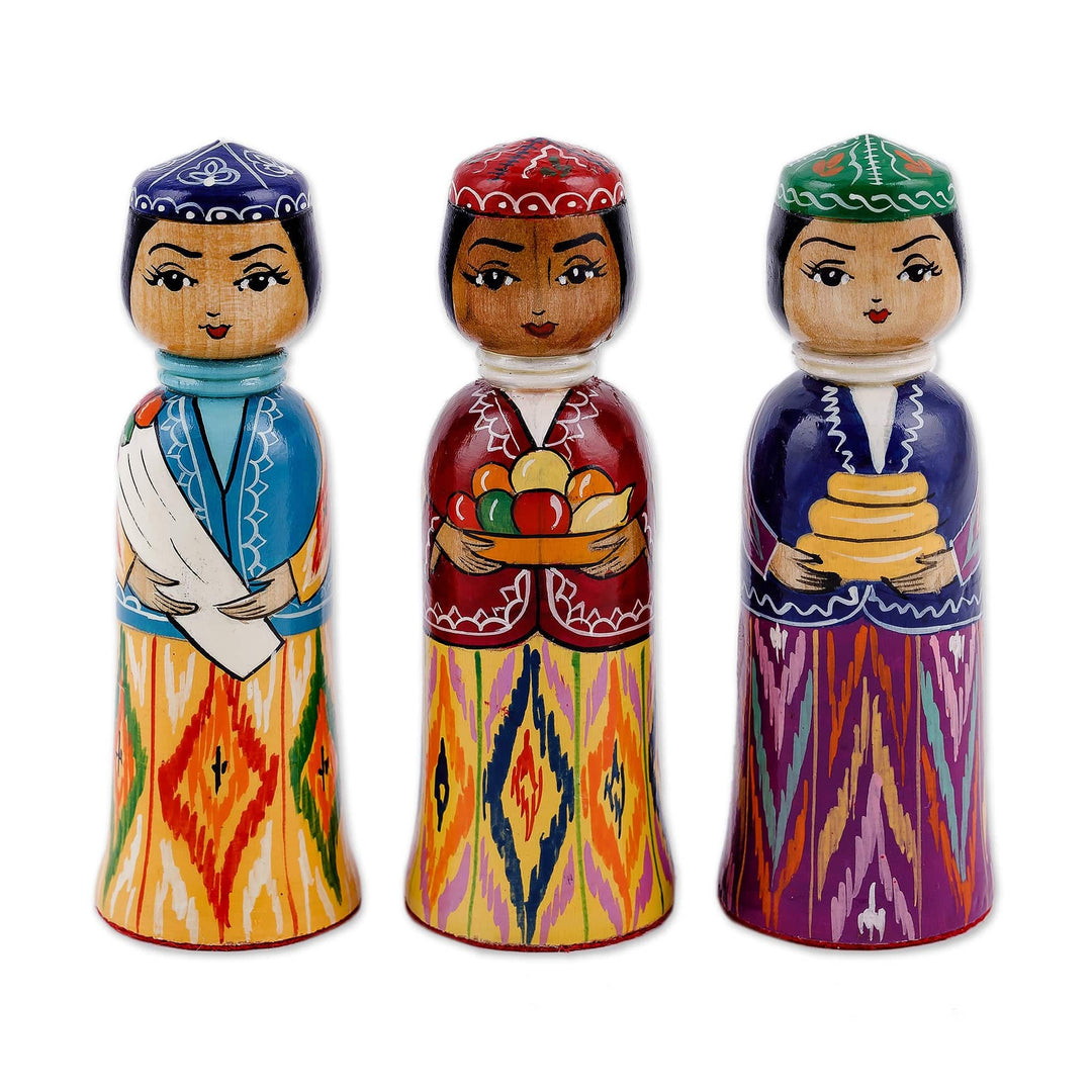 Set of 3 Handcrafted Traditional Multicolor Wood Figurines - Tajikistan Dames