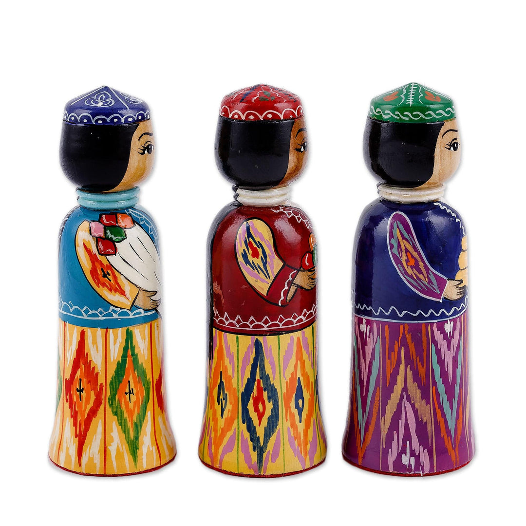 Set of 3 Handcrafted Traditional Multicolor Wood Figurines - Tajikistan Dames