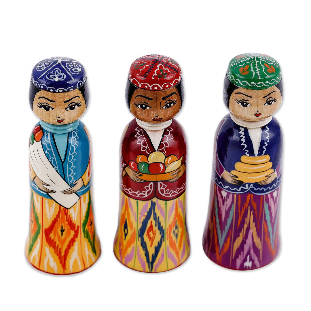 Set of 3 Handcrafted Traditional Multicolor Wood Figurines - Tajikistan Dames