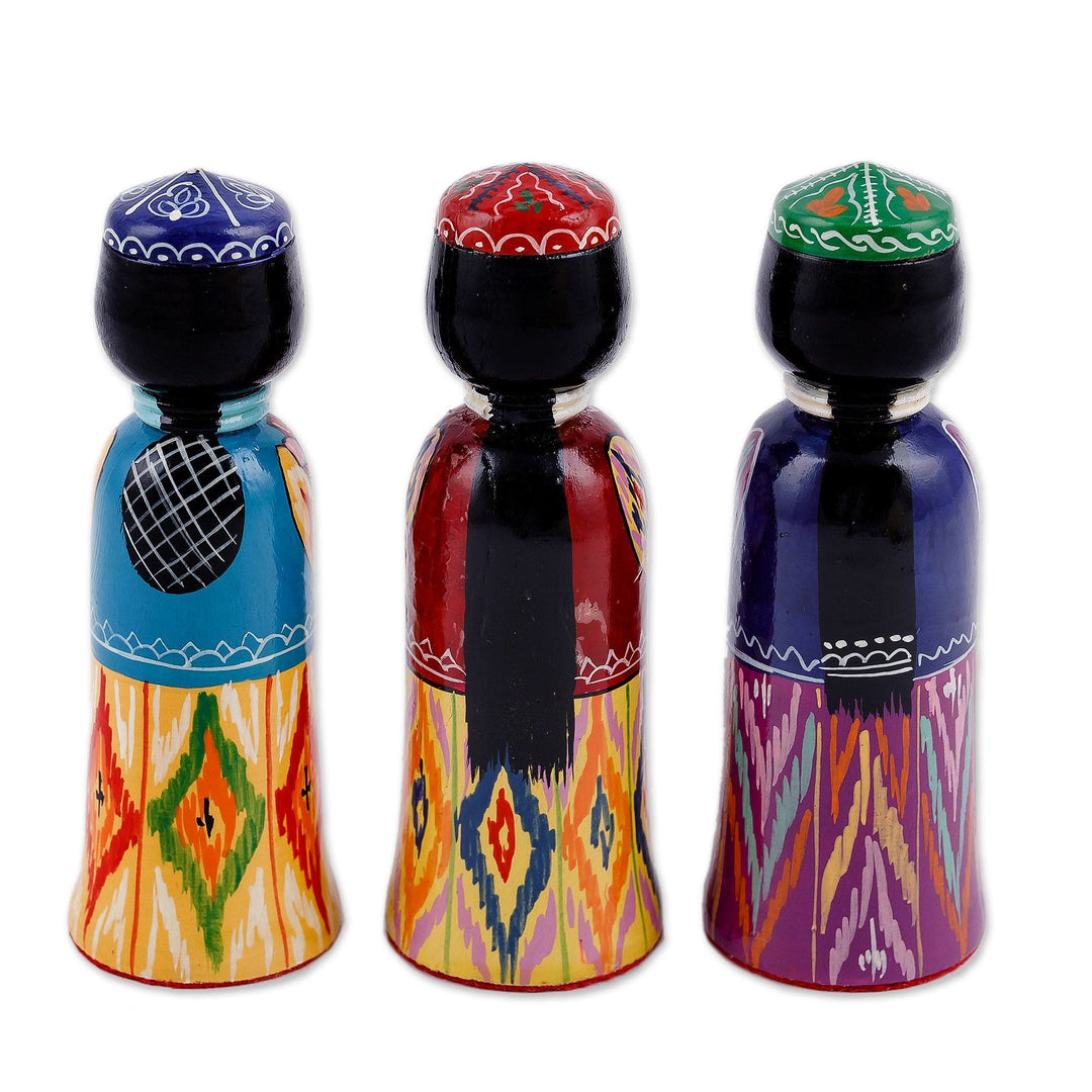 Set of 3 Handcrafted Traditional Multicolor Wood Figurines - Tajikistan Dames
