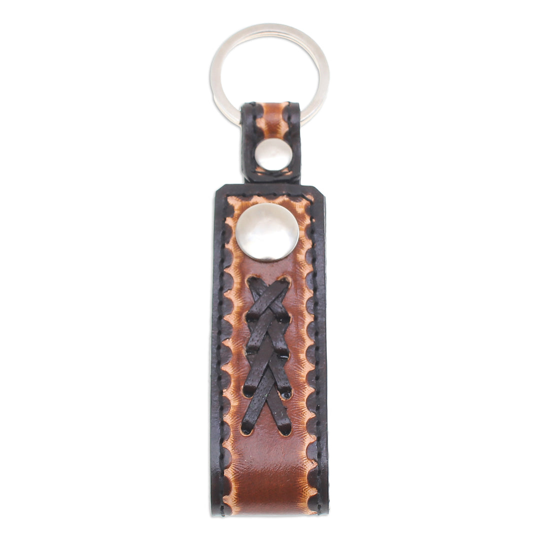 Handcrafted Black and Brown Leather Keychain from Thailand - A Dark Key to Success