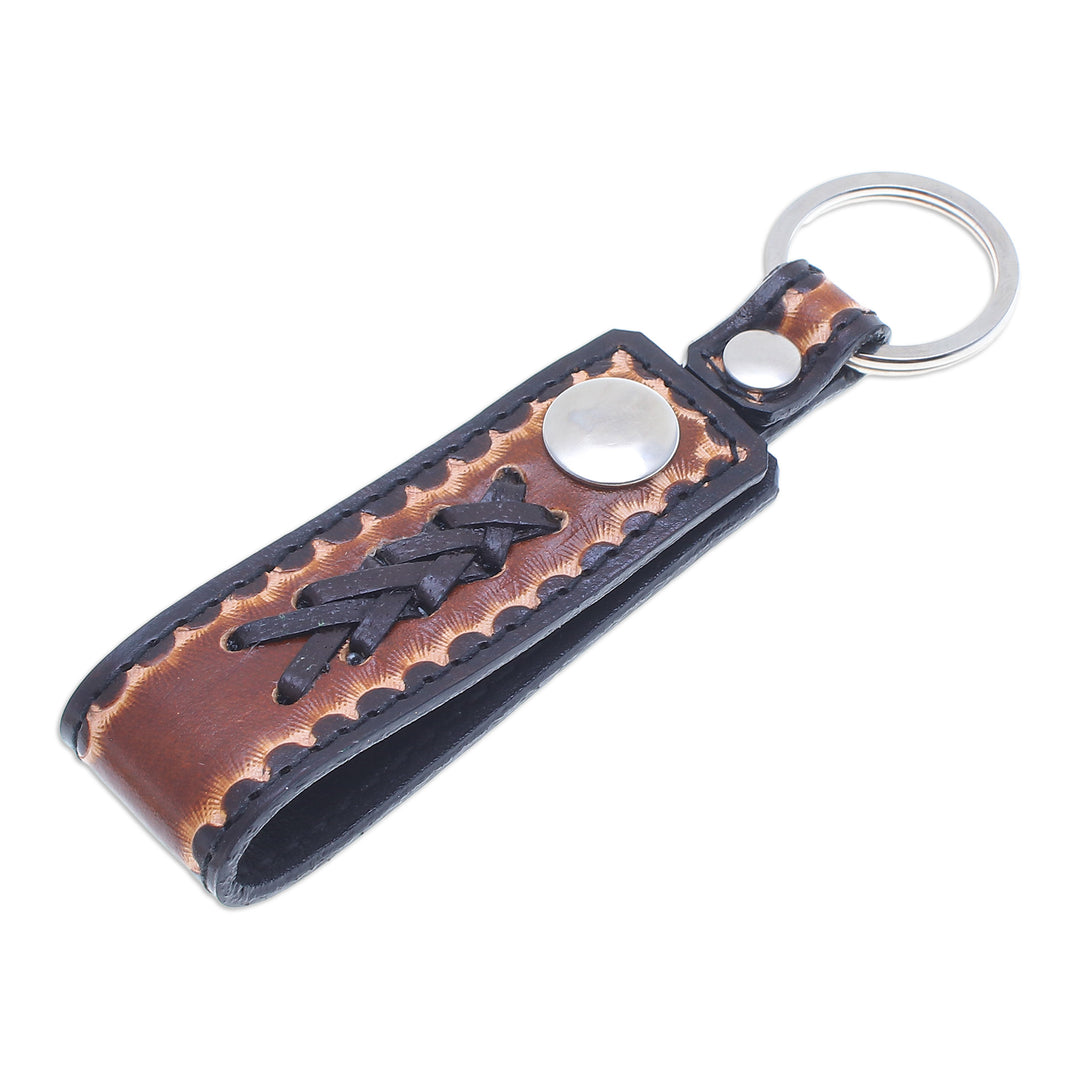 Handcrafted Black and Brown Leather Keychain from Thailand - A Dark Key to Success