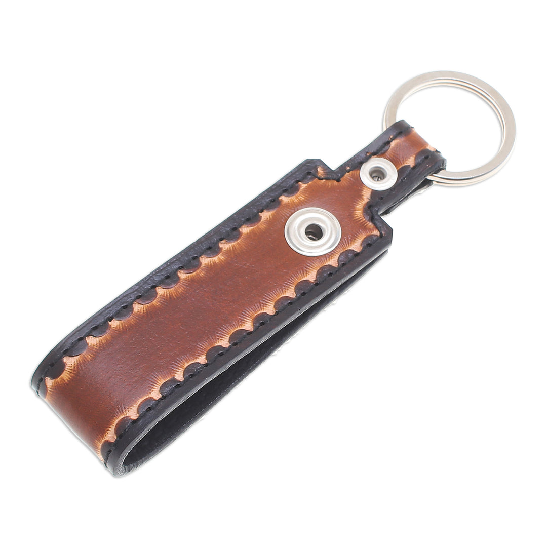 Handcrafted Black and Brown Leather Keychain from Thailand - A Dark Key to Success