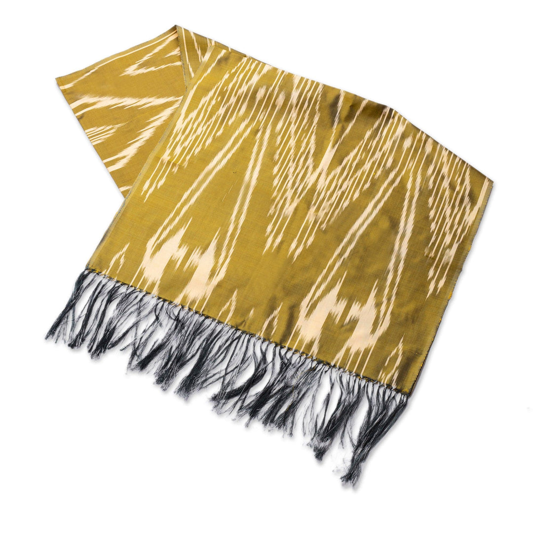 Hand-Woven Fringed Silk Ikat Scarf in Green from Uzbekistan - Stylish Green