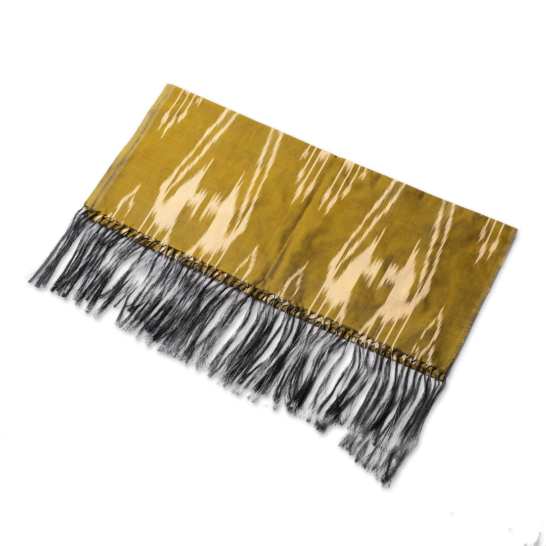 Hand-Woven Fringed Silk Ikat Scarf in Green from Uzbekistan - Stylish Green