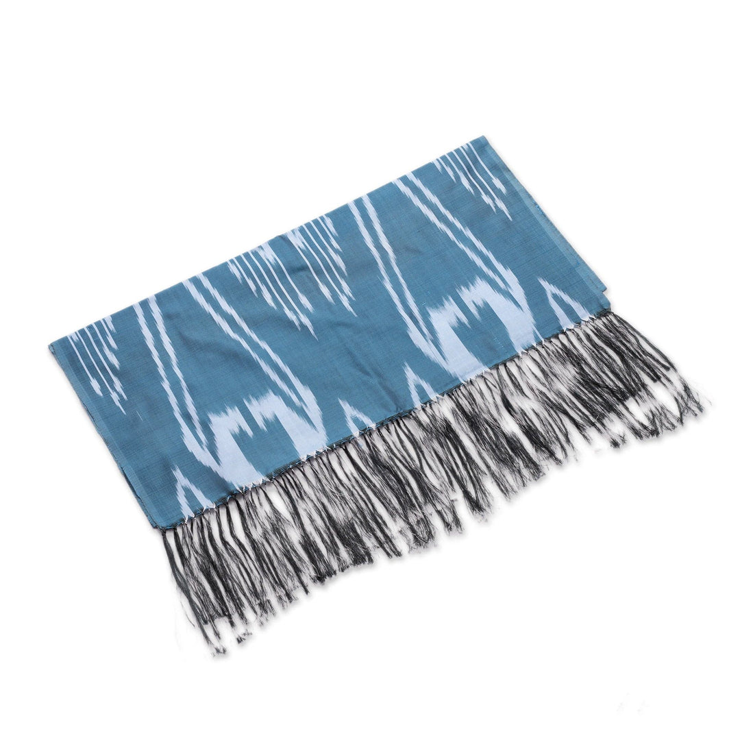Hand-Woven Fringed Silk Ikat Scarf in Blue from Uzbekistan - Stylish Blue