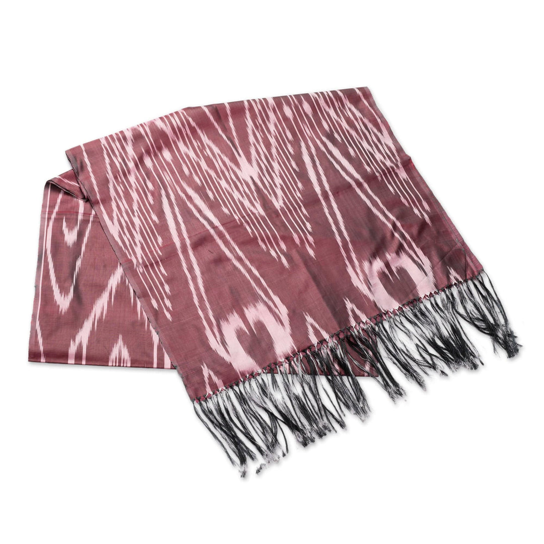 Burgundy Hand-Woven Fringed Silk Ikat Scarf from Uzbekistan - Stylish Burgundy